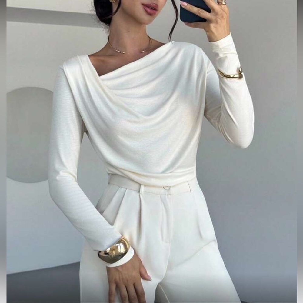 Elegant Cream Drape Neck Top